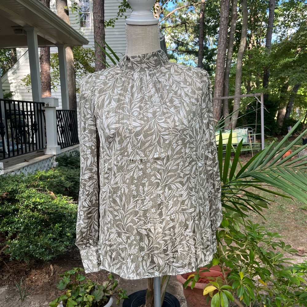 H & M Fall Leave Print Blouse, Long Sleeves, High Neckline, Size Small, EUC